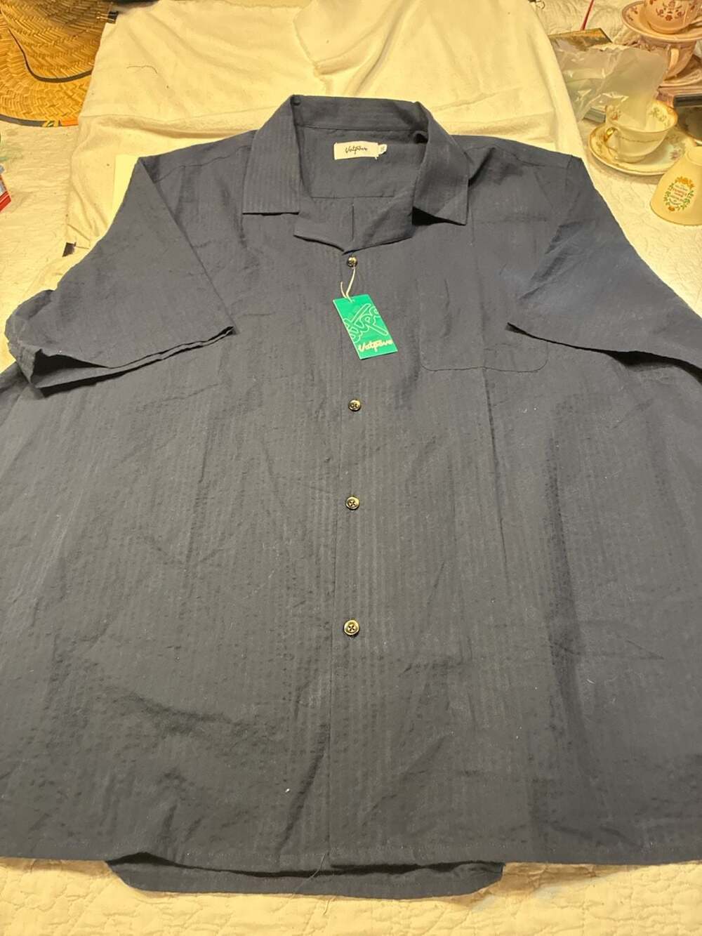 Vatpave Men's Navy Textured Short Sleeve Camp Collar Button Down Shirt